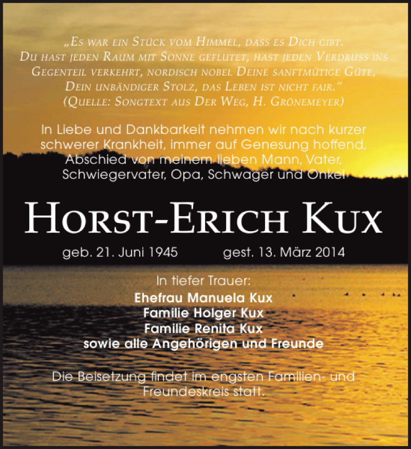  Traueranzeige für Horst-Erich Kux vom 22.03.2014 aus Leipziger Volkszeitung