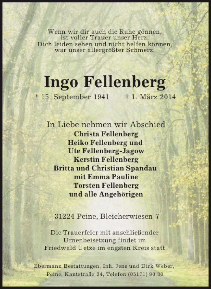  Traueranzeige für Ingo Fellenberg vom 08.03.2014 aus Peiner Allgemeine Zeitung