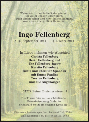 Traueranzeige von Ingo Fellenberg von Peiner Allgemeine Zeitung