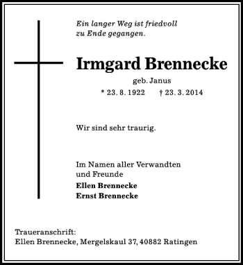 Traueranzeige von Irmgard Brennecke von Peiner Allgemeine Zeitung