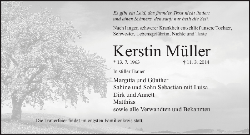  Traueranzeige für Kerstin Müller vom 19.03.2014 aus Ostsee-Zeitung