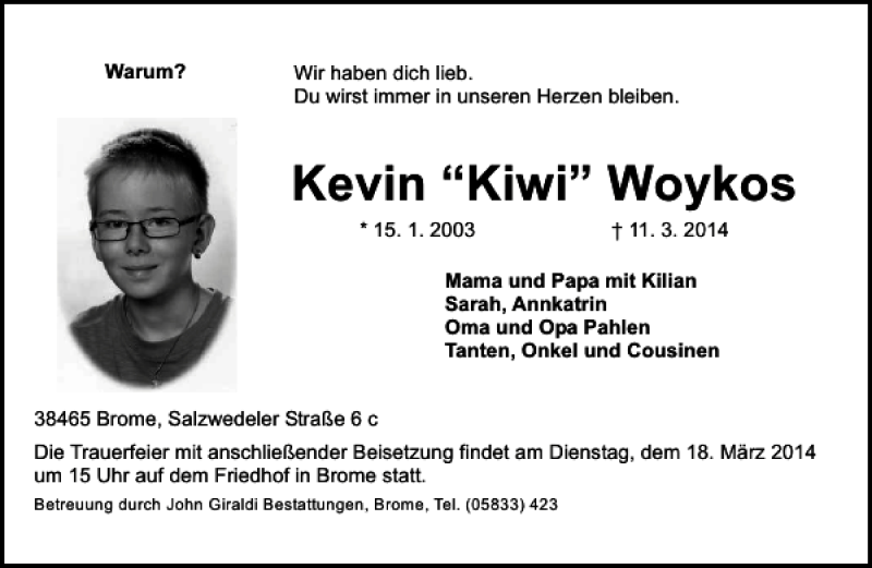  Traueranzeige für Kevin (Kiwi) Woykos vom 15.03.2014 aus Aller Zeitung / Wolfsburger Allgemeine