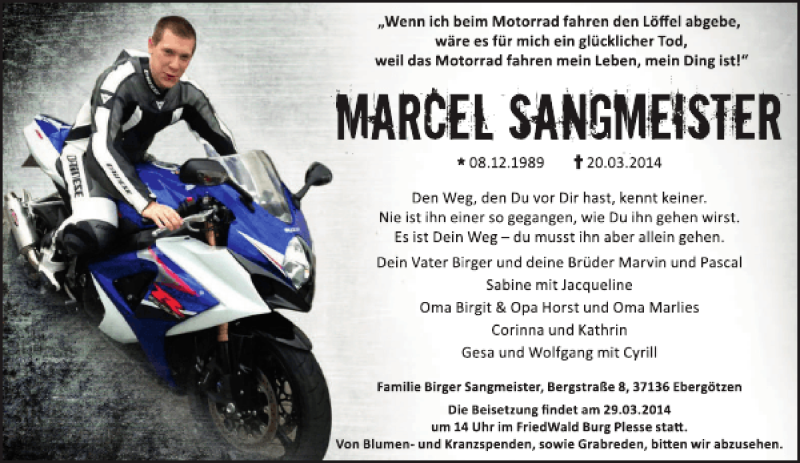  Traueranzeige für Marcel Sangmeister vom 27.03.2014 aus Göttinger Tageblatt