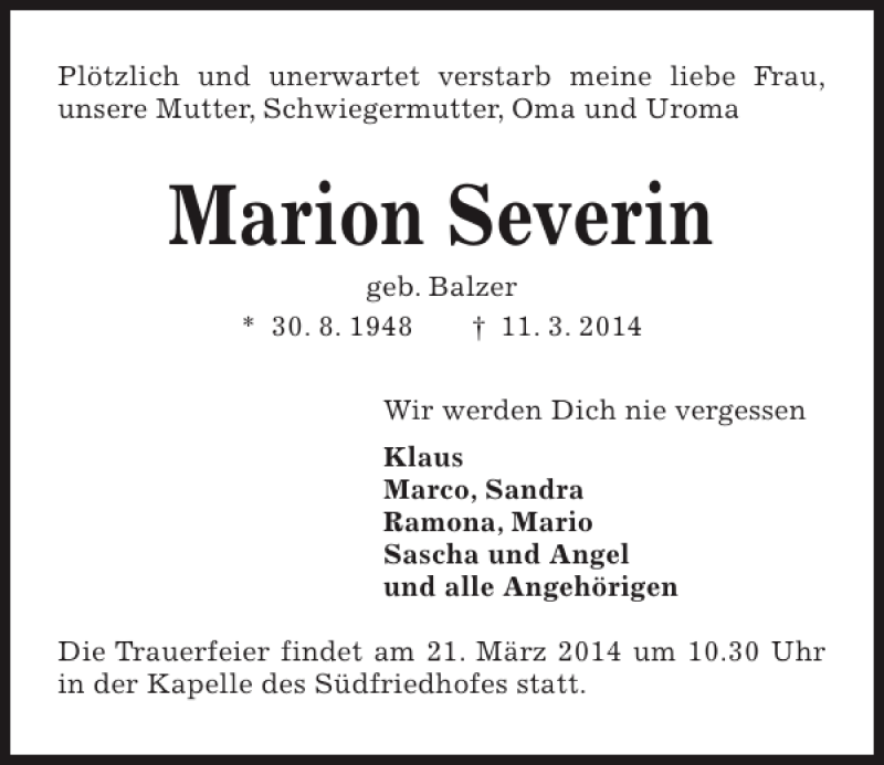  Traueranzeige für Marion Severin vom 19.03.2014 aus Kieler Nachrichten / Segeberger Zeitung