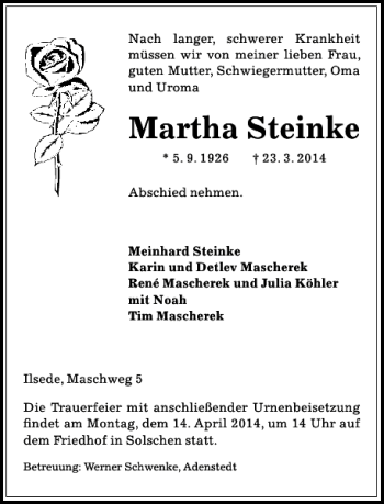 Traueranzeige von Martha Steinke von Peiner Allgemeine Zeitung