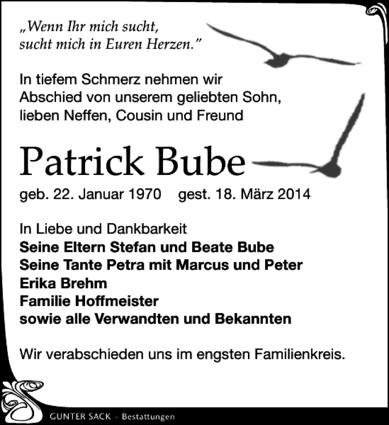  Traueranzeige für Patrick Bube vom 29.03.2014 aus Leipziger Volkszeitung
