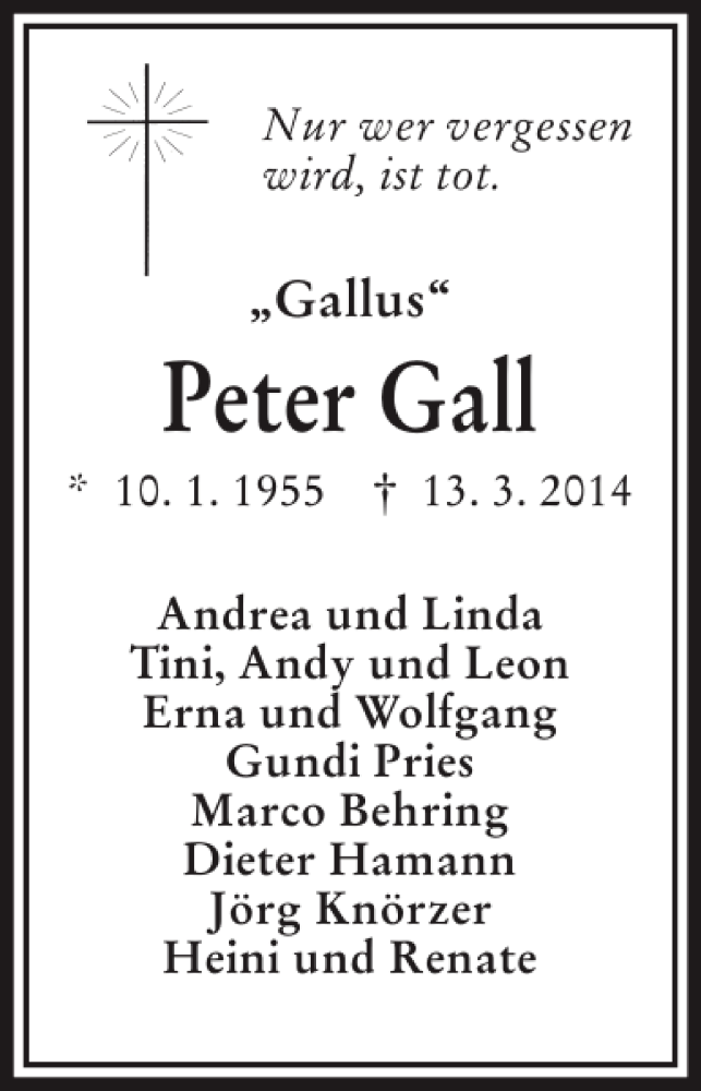  Traueranzeige für Peter Gall vom 22.03.2014 aus Kieler Nachrichten / Segeberger Zeitung