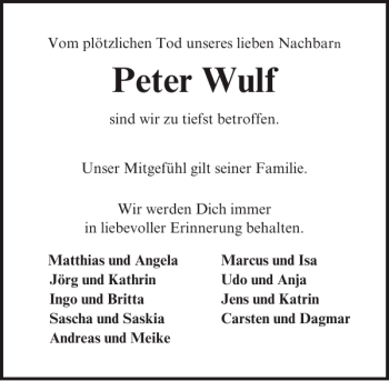 Traueranzeige von Peter Wulf von Lübecker Nachrichten