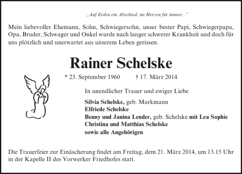  Traueranzeige für Rainer Schelske vom 20.03.2014 aus Lübecker Nachrichten