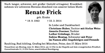 Traueranzeige von Renate Frick von Peiner Allgemeine Zeitung