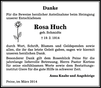 Traueranzeige von Rosa Huch von Peiner Allgemeine Zeitung