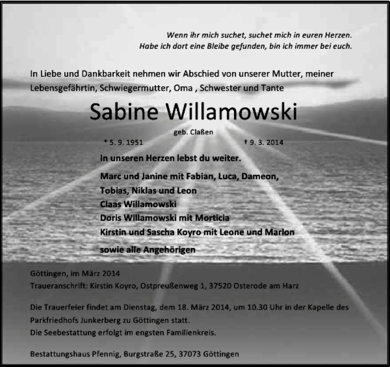  Traueranzeige für Sabine Willamowski vom 15.03.2014 aus Göttinger Tageblatt