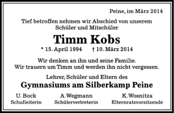 Traueranzeige von Timm Kobs von Peiner Allgemeine Zeitung