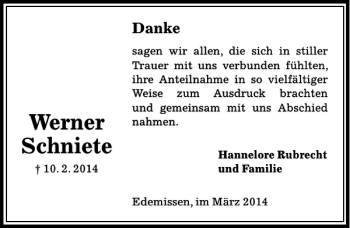 Traueranzeige von Werner Schniete von Peiner Allgemeine Zeitung