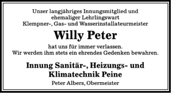 Traueranzeige von Willy Peter von Peiner Allgemeine Zeitung