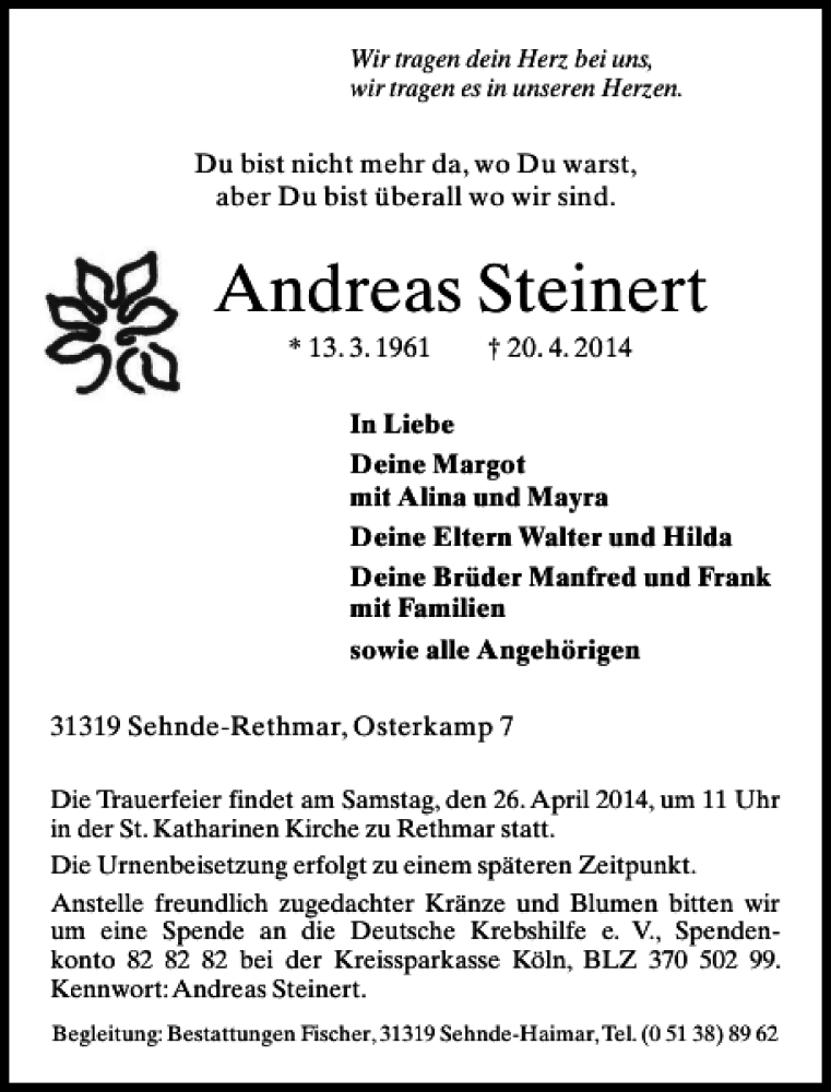  Traueranzeige für Andreas Steinert vom 24.04.2014 aus HAZ/NP