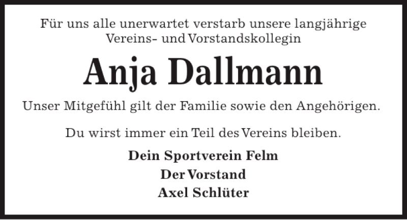  Traueranzeige für Anja Dallmann vom 26.04.2014 aus Kieler Nachrichten / Segeberger Zeitung
