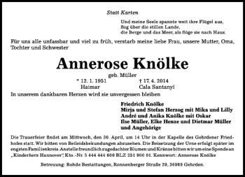 Traueranzeige von Annerose Knölke von HAZ/NP