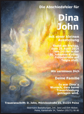 Traueranzeige von Dina John von Peiner Allgemeine Zeitung