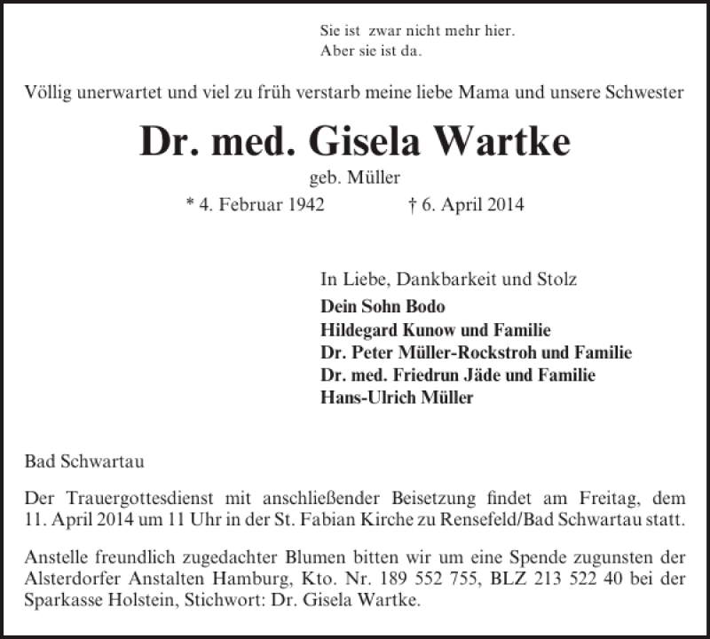  Traueranzeige für Dr. med. Gisela Wartke vom 09.04.2014 aus Lübecker Nachrichten