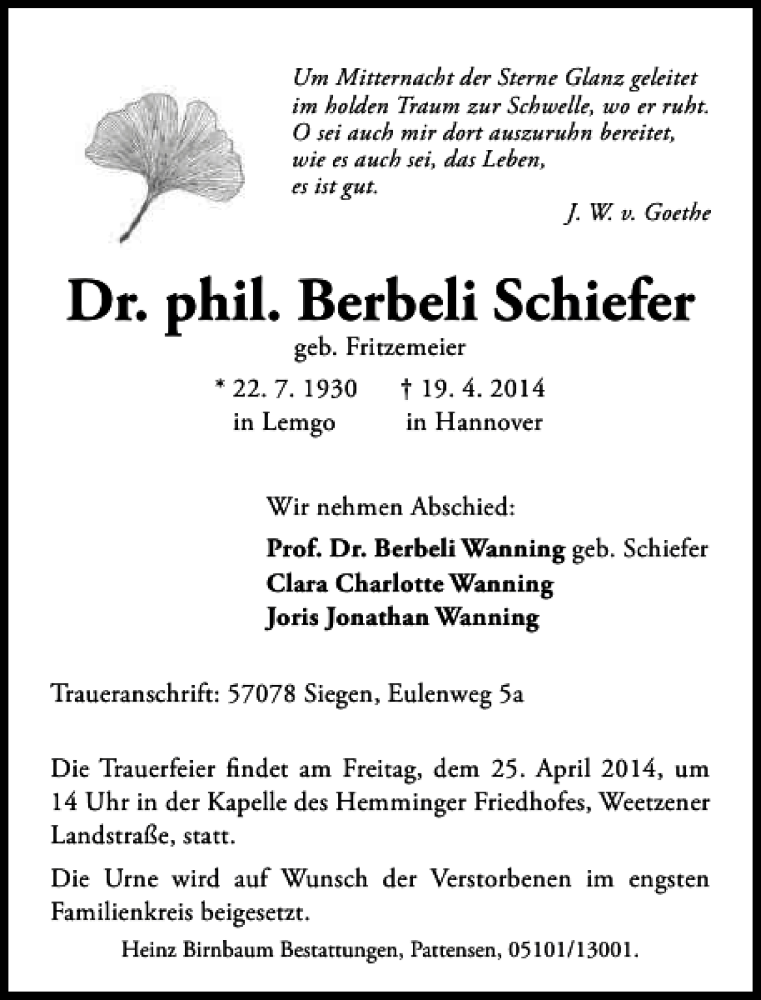  Traueranzeige für Dr. phil. Berbeli Schiefer vom 23.04.2014 aus HAZ/NP