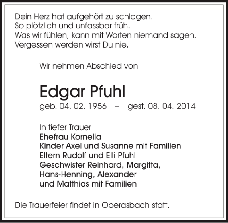  Traueranzeige für Edgar Pfuhl vom 22.04.2014 aus Sächsische Zeitung