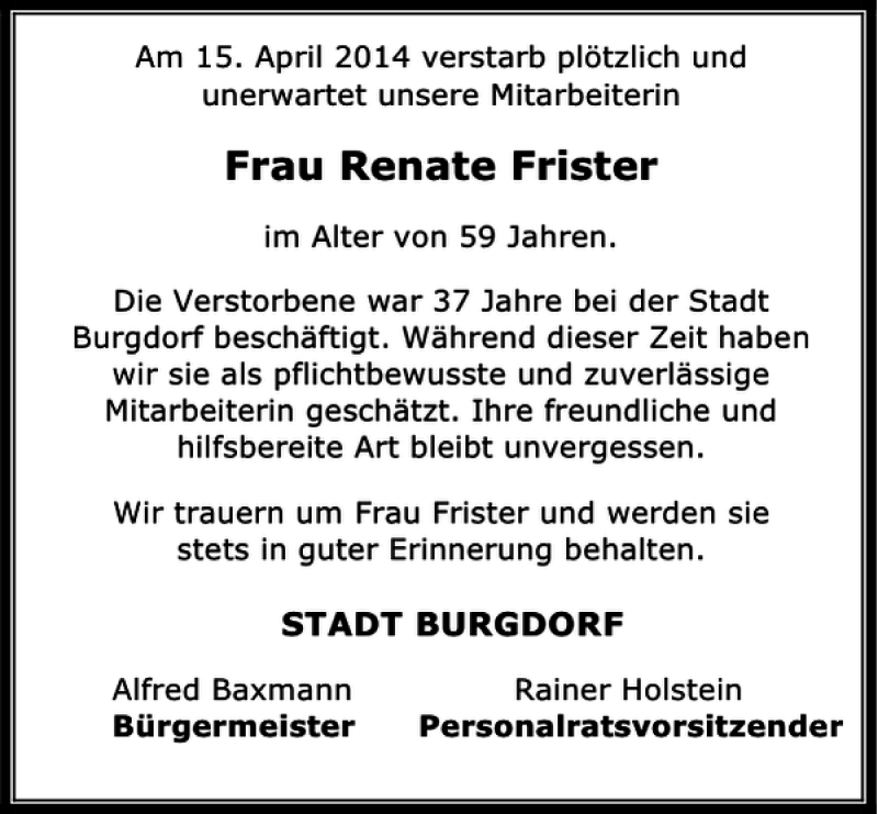  Traueranzeige für Frau Renate Frister vom 23.04.2014 aus HAZ/NP