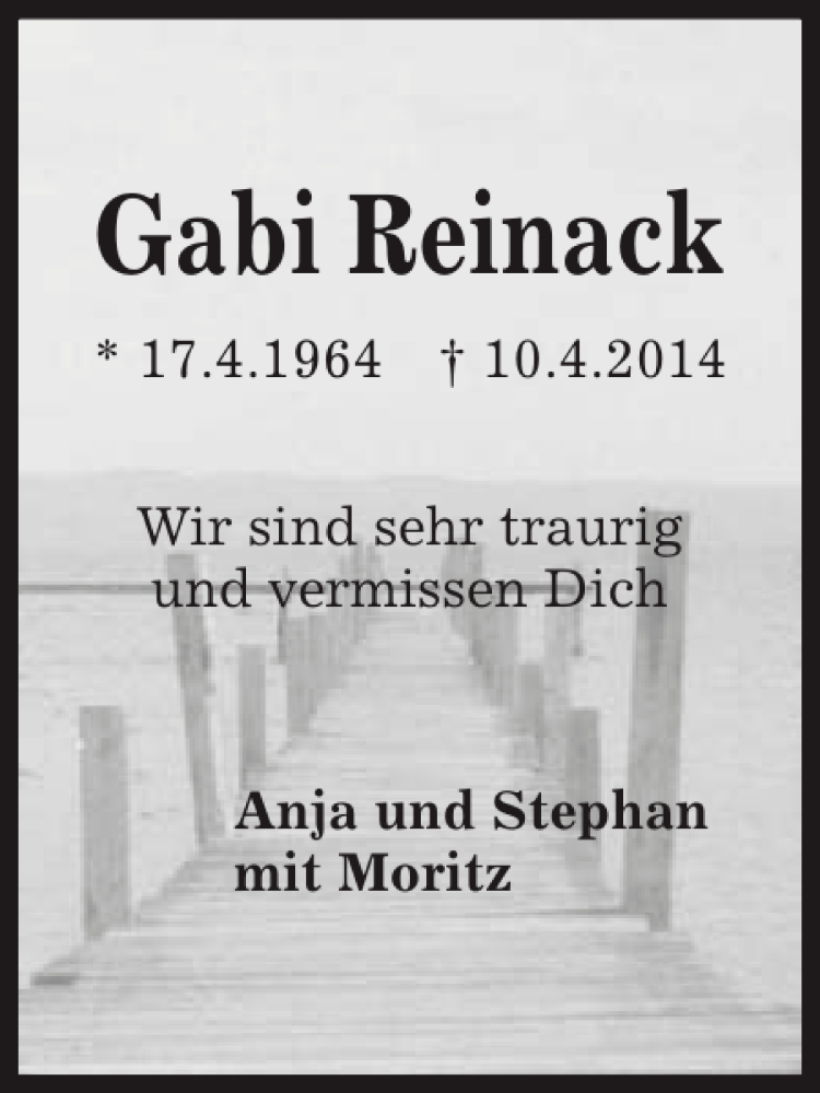  Traueranzeige für Gabi Reinack vom 12.04.2014 aus Kieler Nachrichten / Segeberger Zeitung