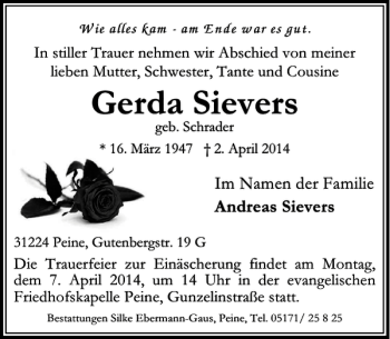 Traueranzeige von Gerda Sievers von Peiner Allgemeine Zeitung