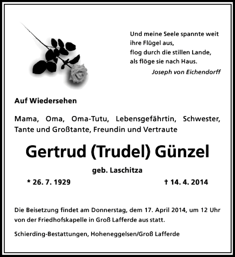  Traueranzeige für Gertrud Trudel Günzel vom 16.04.2014 aus Peiner Allgemeine Zeitung