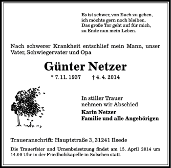 Traueranzeige von Günter Netzer von Peiner Allgemeine Zeitung