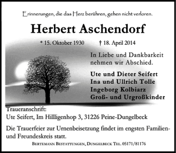 Traueranzeige von Herbert Aschendorf von Peiner Allgemeine Zeitung