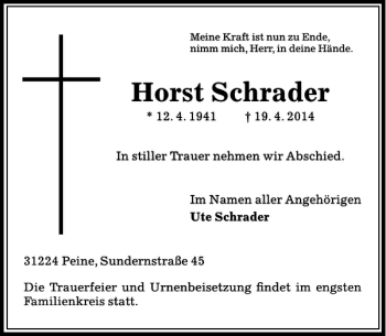 Traueranzeige von Horst Schrader von Peiner Allgemeine Zeitung