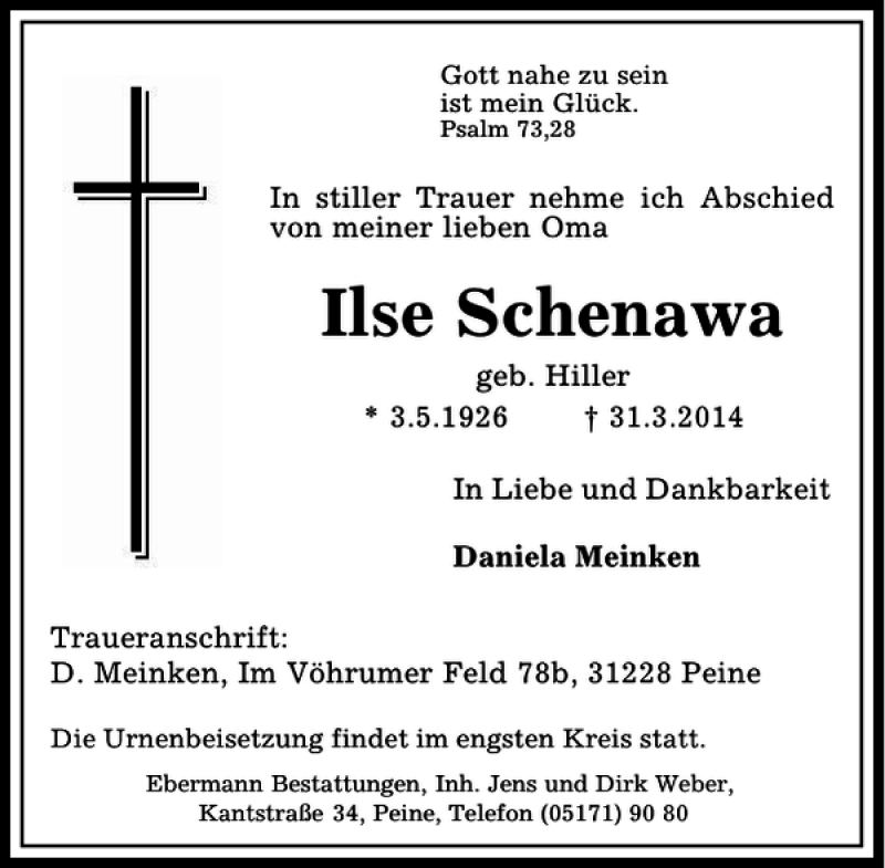  Traueranzeige für Ilse Schenawa vom 03.04.2014 aus Peiner Allgemeine Zeitung