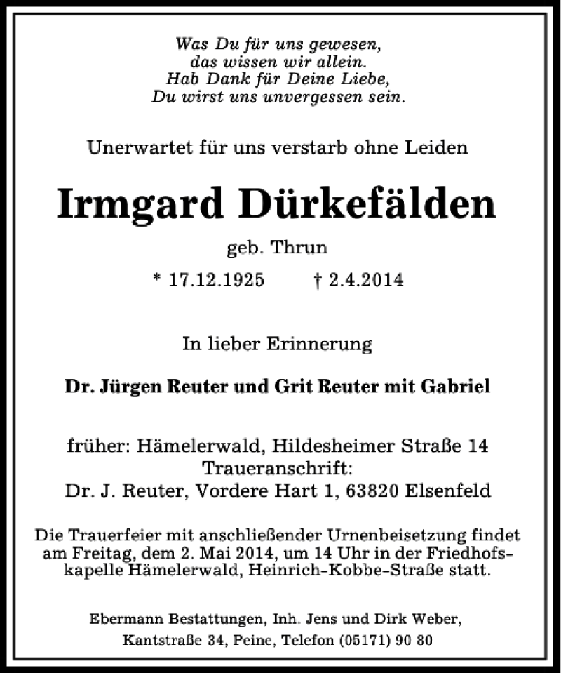  Traueranzeige für Irmgard Dürkefälden vom 26.04.2014 aus Peiner Allgemeine Zeitung