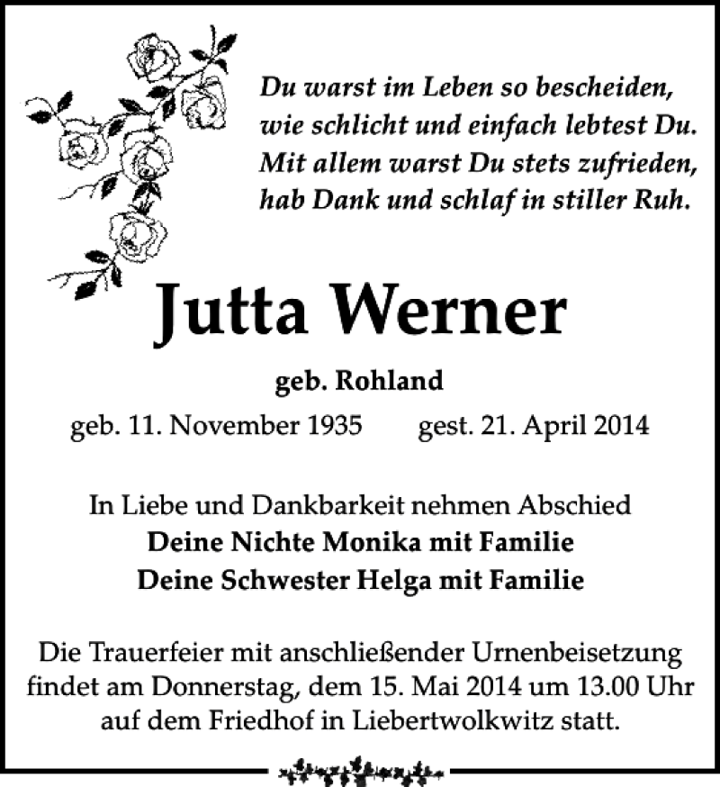  Traueranzeige für Jutta Werner vom 26.04.2014 aus Leipziger Volkszeitung