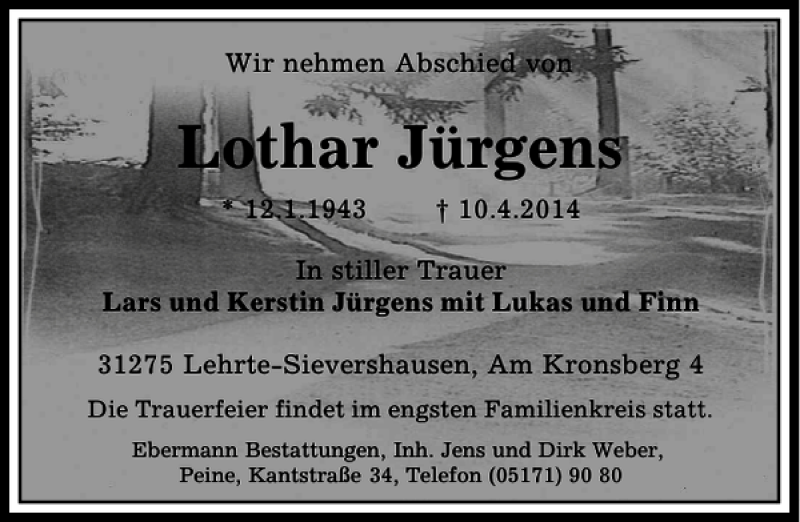  Traueranzeige für Lothar Jürgens vom 15.04.2014 aus Peiner Allgemeine Zeitung