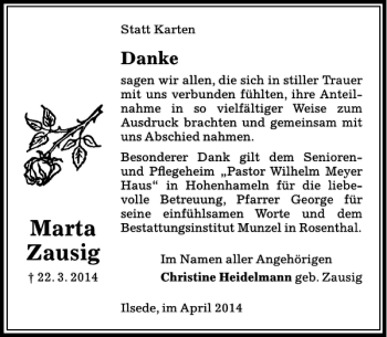 Traueranzeige von Marta Zausig von Peiner Allgemeine Zeitung