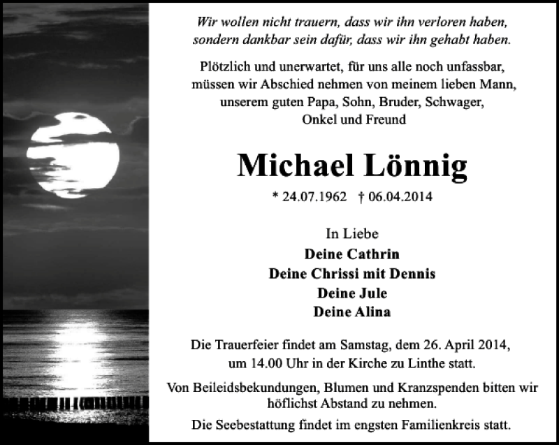  Traueranzeige für Michael Lönnig vom 12.04.2014 aus MAZ-Trauer.de