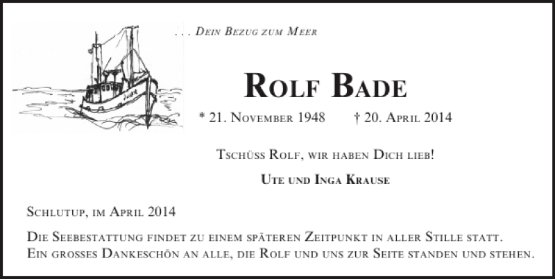  Traueranzeige für Rolf Bade vom 27.04.2014 aus Lübecker Nachrichten
