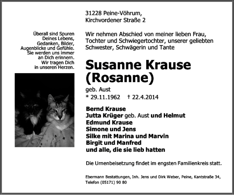  Traueranzeige für Susanne Krause Rosanne vom 26.04.2014 aus Peiner Allgemeine Zeitung