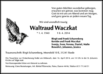 Traueranzeige von Waltraud Waczkat von Peiner Allgemeine Zeitung