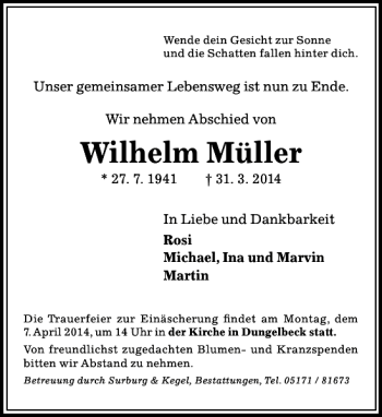Traueranzeige von Wilhelm Müller von Peiner Allgemeine Zeitung
