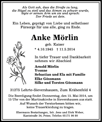 Traueranzeige von Anke Mörlin von Peiner Allgemeine Zeitung
