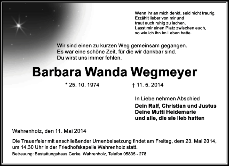  Traueranzeige für Barbara Wanda Wegmeyer vom 19.05.2014 aus Aller Zeitung / Wolfsburger Allgemeine