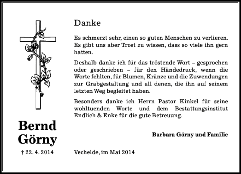  Traueranzeige für Bernd Görny vom 24.05.2014 aus Peiner Allgemeine Zeitung