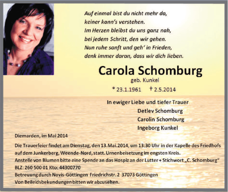  Traueranzeige für Carola Schomburg vom 10.05.2014 aus Göttinger Tageblatt