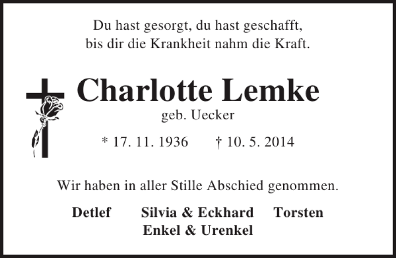  Traueranzeige für Charlotte Lemke vom 18.05.2014 aus Lübecker Nachrichten