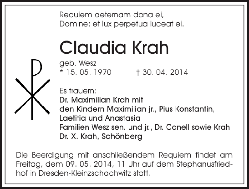  Traueranzeige für Claudia Krah vom 07.05.2014 aus Sächsische Zeitung