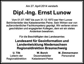 Traueranzeige von Dipl.-Ing. Ernst Lunow von Peiner Allgemeine Zeitung
